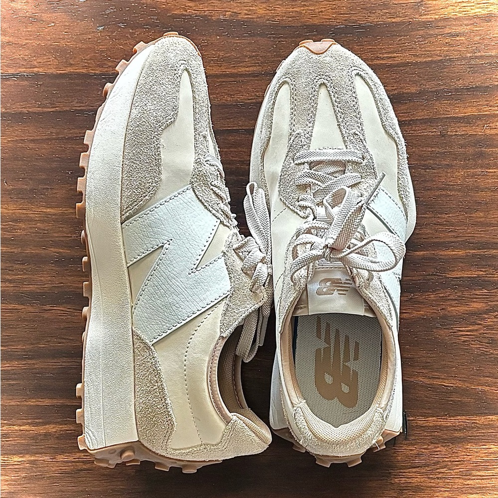 New Balance 327 Cream and Tan Retro Style Sneakers
